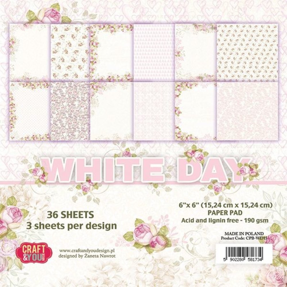 Craft & You Design White Day 6x6 Inch Paper Set 190gsm (36sheets) (CPB-WD15) (DISCONTINUED)