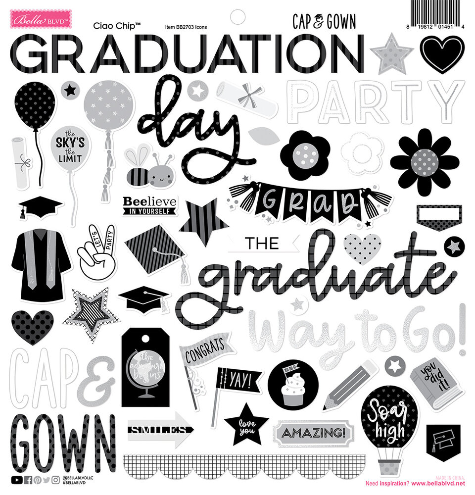 Bella BLVD Cap & Gown Ciao Chipboard Icons (BB2703) (DISCONTINUED)