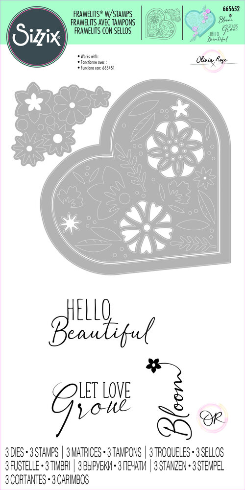 Sizzix Framelits Die w/Stamps by Olivia Rose Blooming Heart (3+3pcs) (665652) (DISCONTINUED)