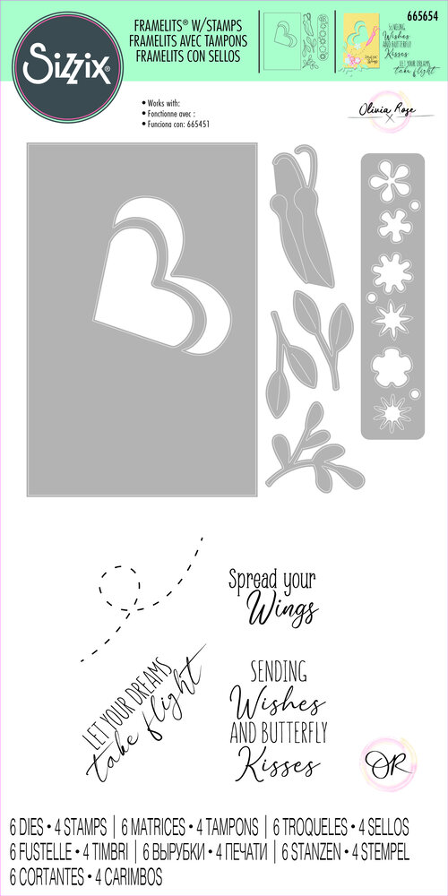 Sizzix Framelits Die w/Stamps by Olivia Rose Butterfly Wishes (6+4pcs) (665654) (DISCONTINUED)