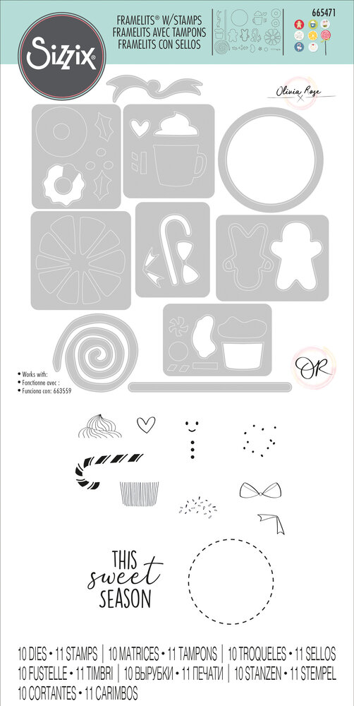 Sizzix Framelits Die w/Stamps by Olivia Rose Dessert Treats (10+11pcs) (665471) (DISCONTINUED) Sizzix Framelits Die w/Stamps by Olivia Rose Dessert Treats (10+11pcs) (665471) (DISCONTINUED)