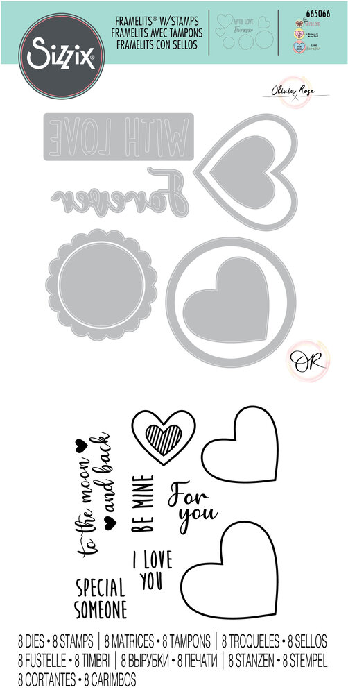 Sizzix Framelits Die w/Stamps by Olivia Rose Love Hearts (8+8pcs) (665066) (DISCONTINUED)