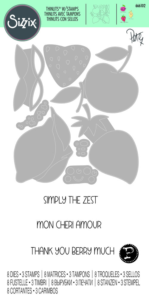 Sizzix Thinlits Die w/Stamps by Pete Hughes Fruity Friends #1 (8+3pcs) (666102) (DISCONTINUED)