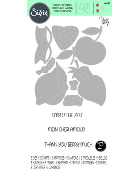 Sizzix Thinlits Die w/Stamps by Pete Hughes Fruity Friends #1 (8+3pcs) (666102) (DISCONTINUED) Sizzix Thinlits Die w/Stamps by Pete Hughes Fruity Friends #1 (8+3pcs) (666102) (DISCONTINUED)