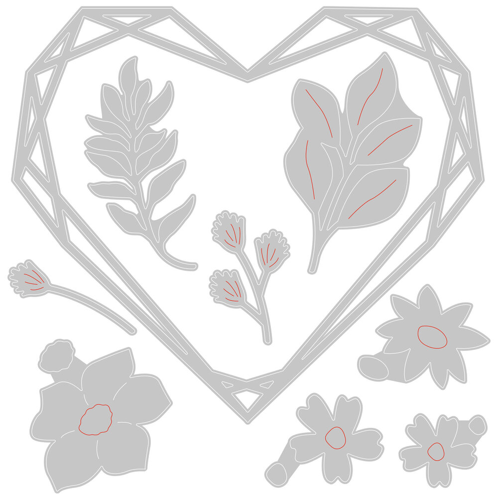 Sizzix Thinlits Die by Lisa Jones Floral Geo Heart Frame (9pcs) (665478) (DISCONTINUED) Sizzix Thinlits Die by Lisa Jones Floral Geo Heart Frame (9pcs) (665478) (DISCONTINUED)