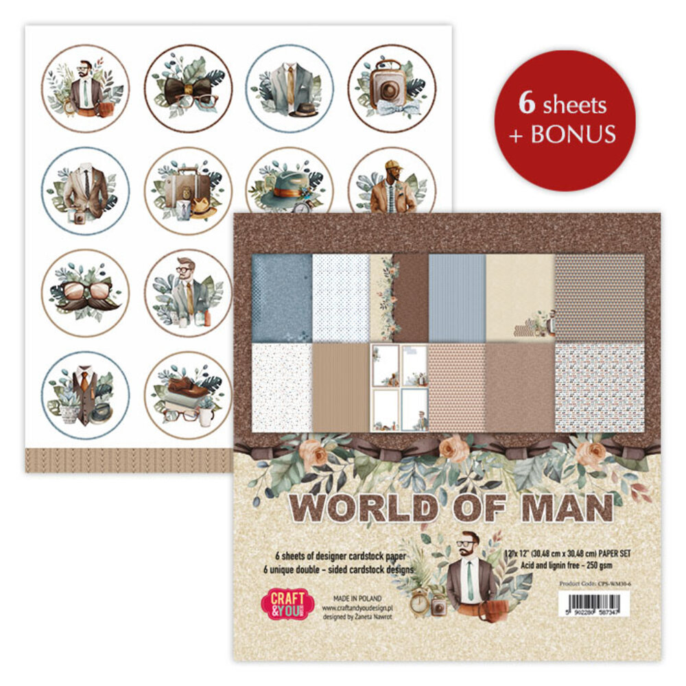 Craft & You Design World of Man 12x12 Inch Paper Set 250gsm (6sheets) (CPS-WM30-6) (DISCONTINUED)