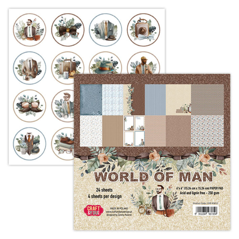 Craft & You Design World of Man 6x6 Inch Paper Set 250gsm (24sheets) (CPB-WM15) (DISCONTINUED)