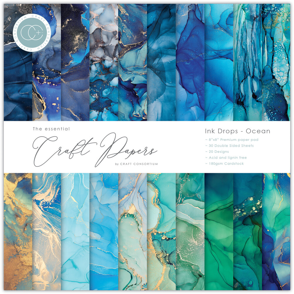 Craft Consortium Essential Craft Papers 8x8 Inch Paper Pad Ink Drops Ocean (CCEPAD018E)