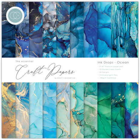 Craft Consortium Essential Craft Papers 8x8 Inch Paper Pad Ink Drops Ocean (CCEPAD018E)