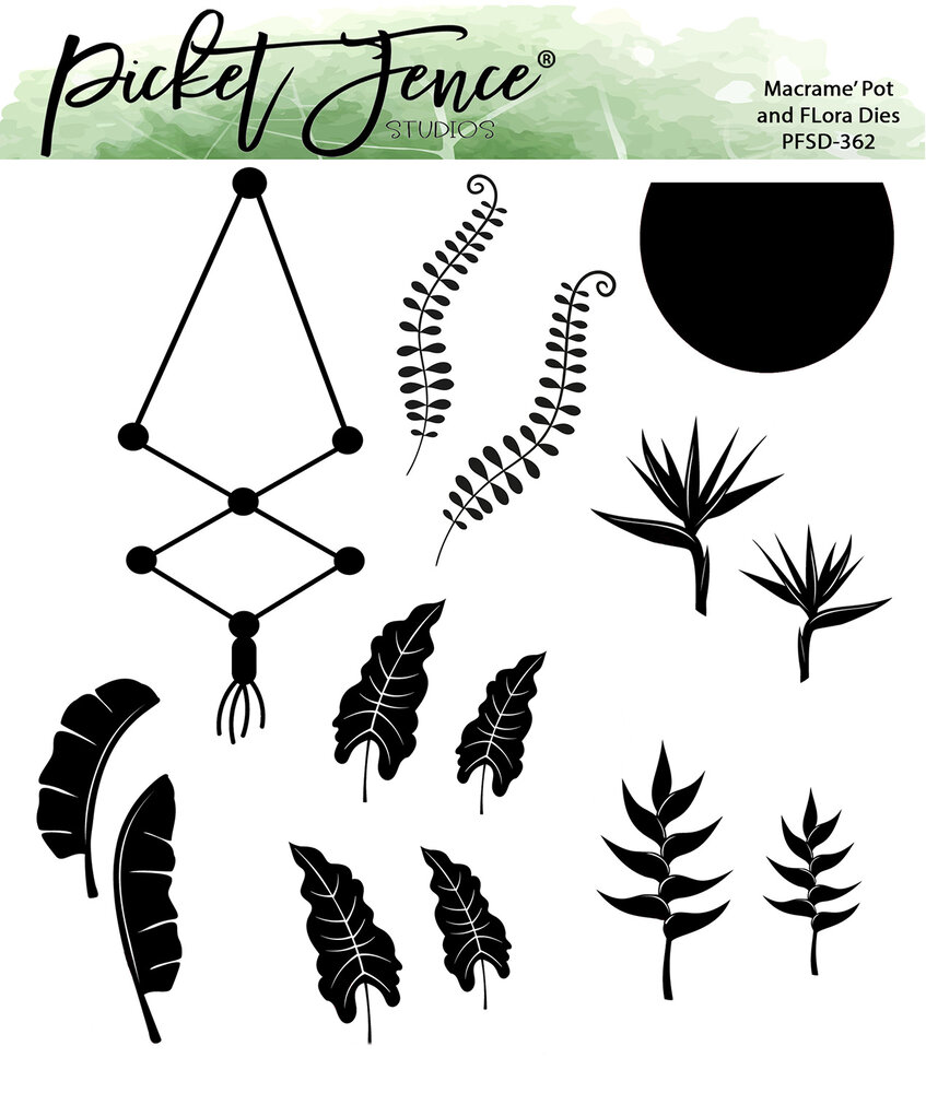 Picket Fence Studios Macrame' Pot and Flora 6x6 Inch Metal Dies (14pcs) (PFSD-362) (OUTLET) Picket Fence Studios Macrame' Pot and Flora 6x6 Inch Metal Dies (14pcs) (PFSD-362) (OUTLET)