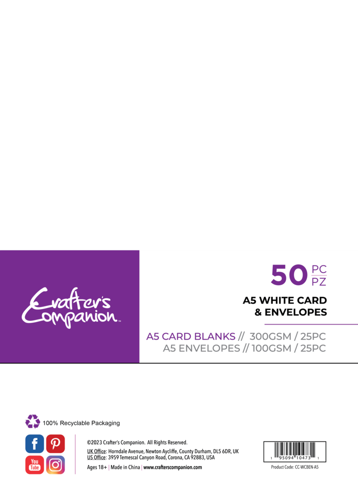 Crafter's Companion Card & Envelopes A5 White (50pcs) (CC-WCBEN-A5) Crafter's Companion Card & Envelopes A5 White (50pcs) (CC-WCBEN-A5)