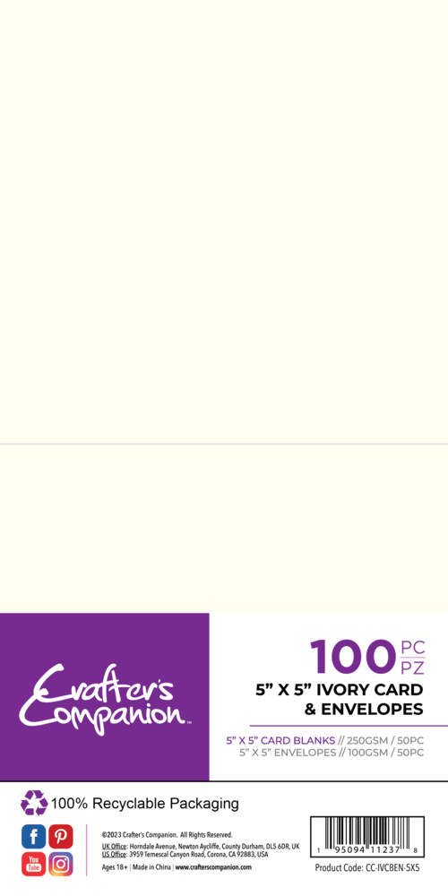 Crafter's Companion Cards & Envelopes 5x5 Inch Ivory (100pcs) (CC-IVCBEN-5X5) Crafter's Companion Cards & Envelopes 5x5 Inch Ivory (100pcs) (CC-IVCBEN-5X5)