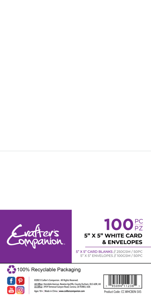 Crafter's Companion Card & Envelopes 5x5 Inch White (100pcs) (CC-WHCBEN-5X5) Crafter's Companion Card & Envelopes 5x5 Inch White (100pcs) (CC-WHCBEN-5X5)