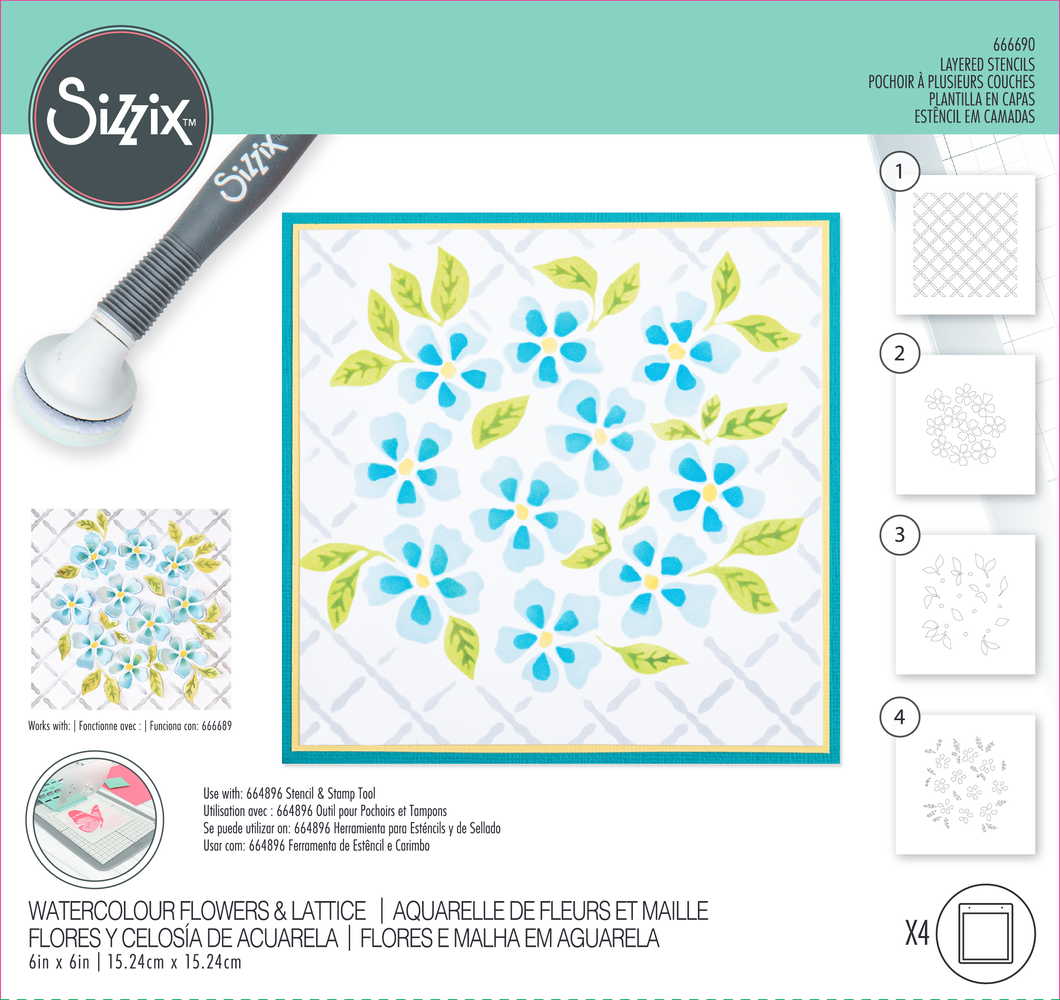 Sizzix Layered Stencil by Eileen Hull Watercolour Flowers & Lattice (4pcs) (666690) (DISCONTINUED)