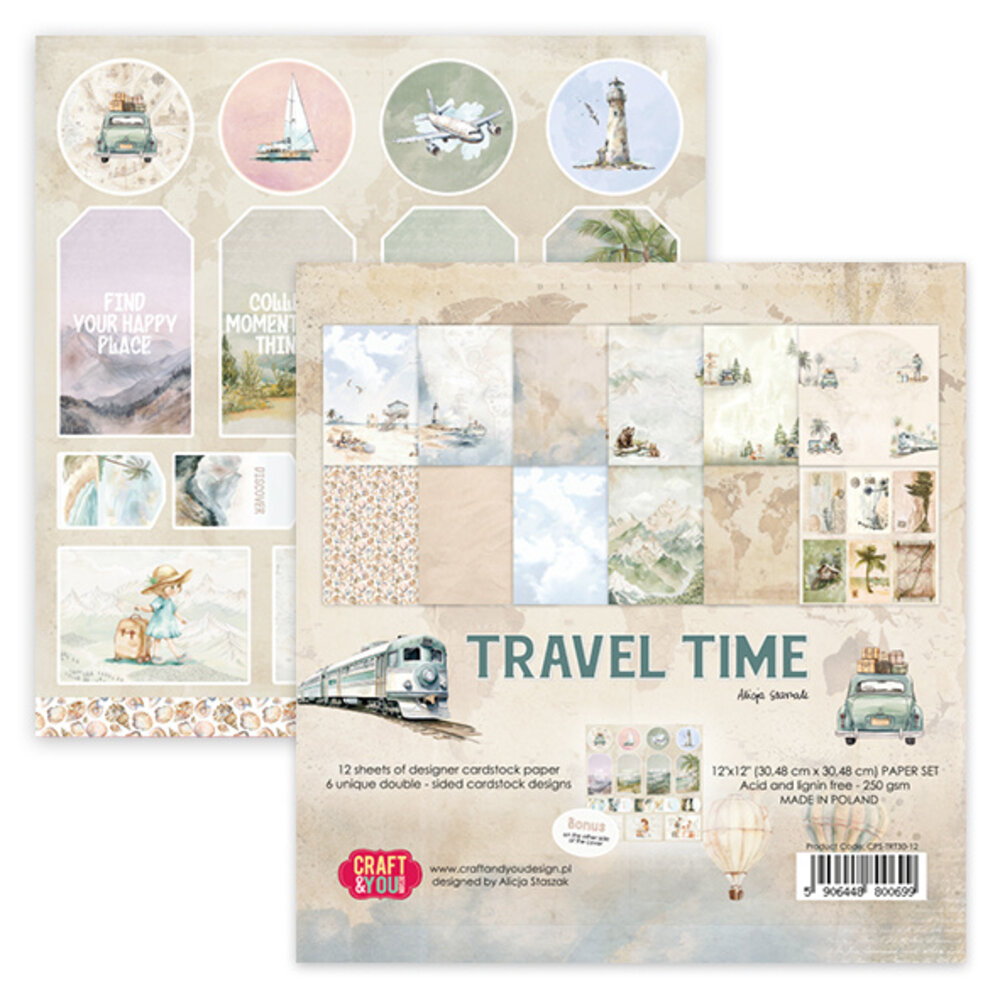 Craft & You Design Travel Time 12x12 Inch Paper Set 250gsm (12sheets) (CPS-TRT30 -12)