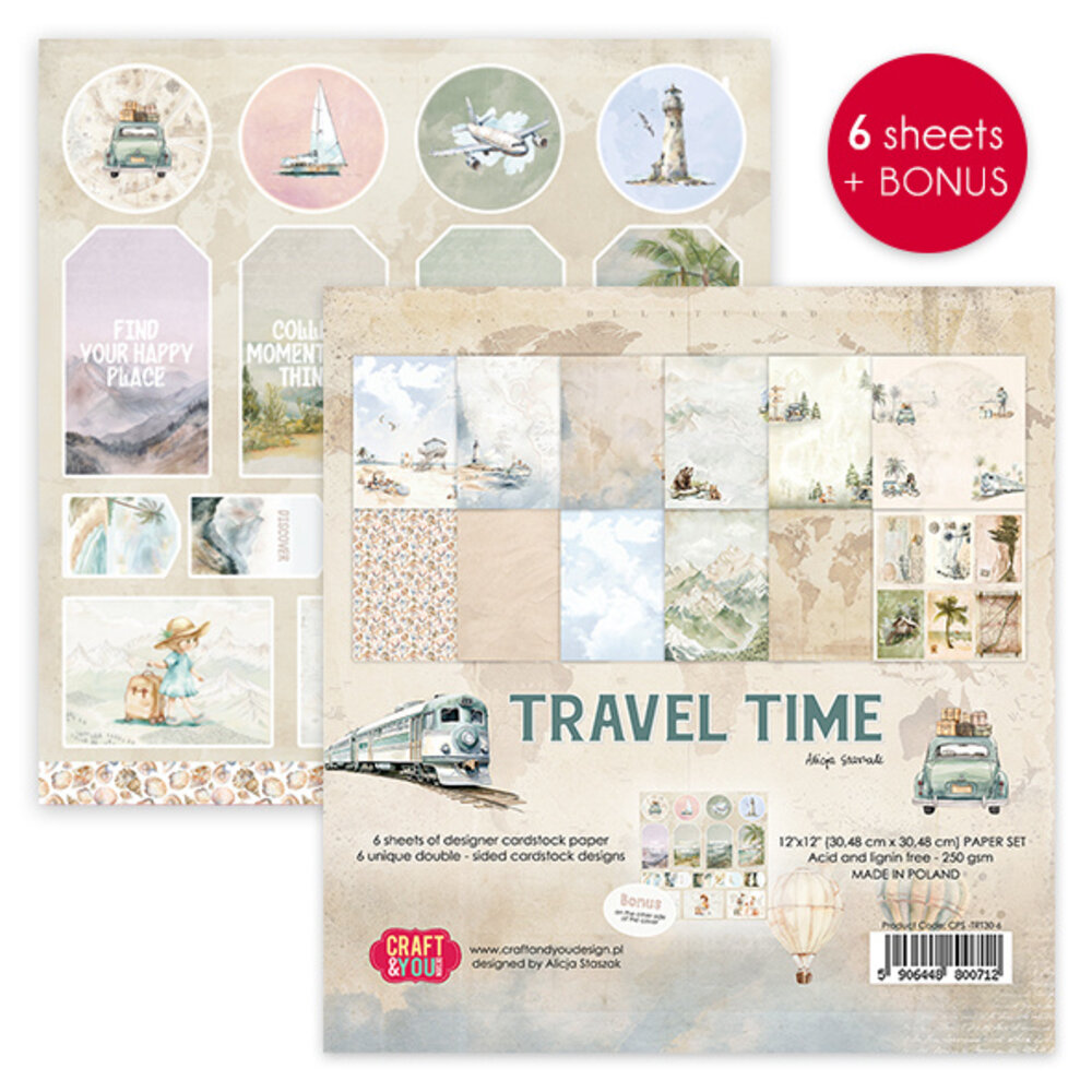 Craft & You Design Travel Time 12x12 Inch Paper Set 250gsm (6sheets) (CPS-TRT30-6)