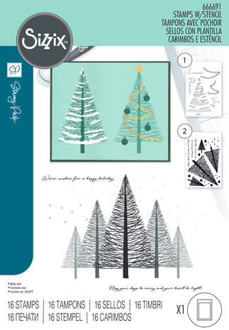 Sizzix Clear Stamps w/Stencil by Stacey Park Cosmopolitan Christmas, Merry & Light (16pcs) (666691)