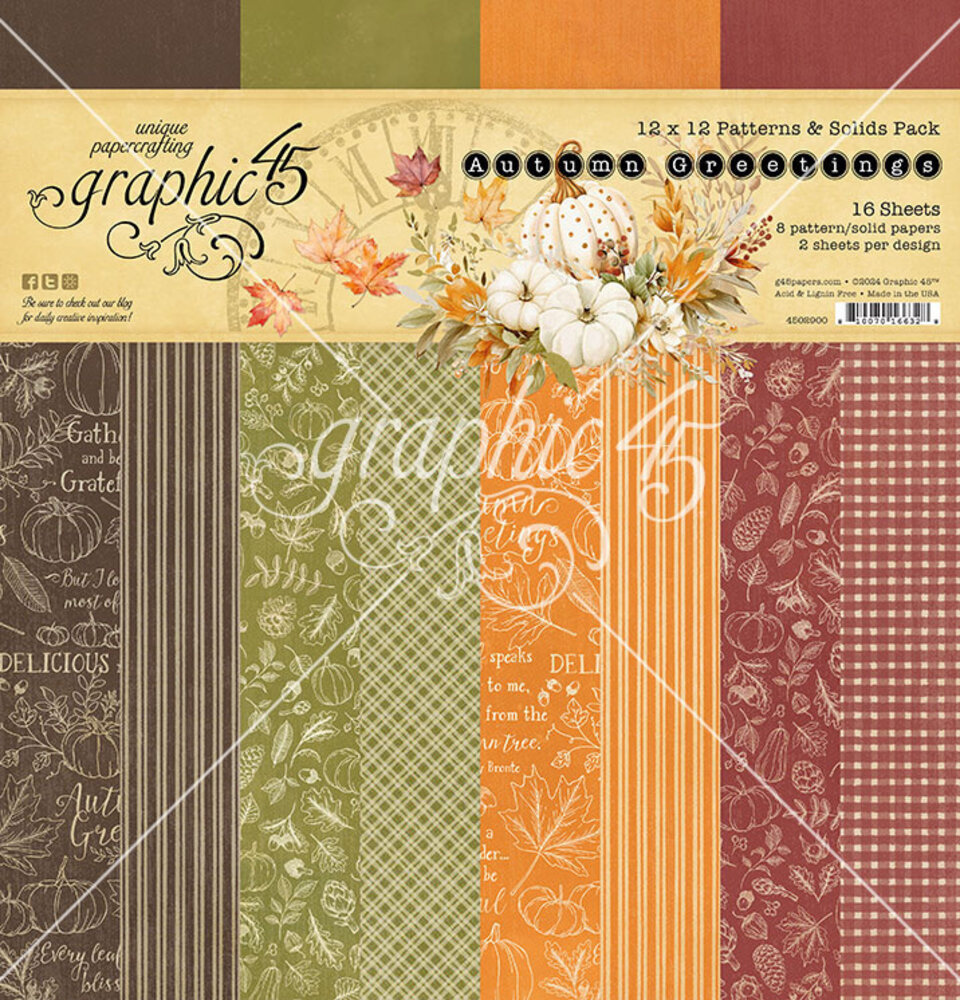 Graphic 45 Autumn Greetings 12x12 Inch Patterns & Solids Pack (4502900) Graphic 45 Autumn Greetings 12x12 Inch Patterns & Solids Pack (4502900)