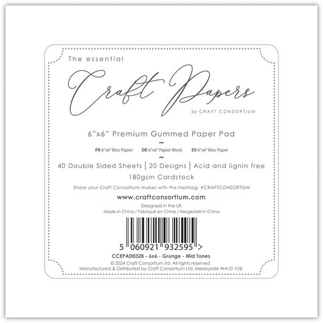 Craft Consortium Essential Craft Papers 6x6 Inch Paper Pad Grunge - Mid Tones (CCEPAD032B) Craft Consortium Essential Craft Papers 6x6 Inch Paper Pad Grunge - Mid Tones (CCEPAD032B)