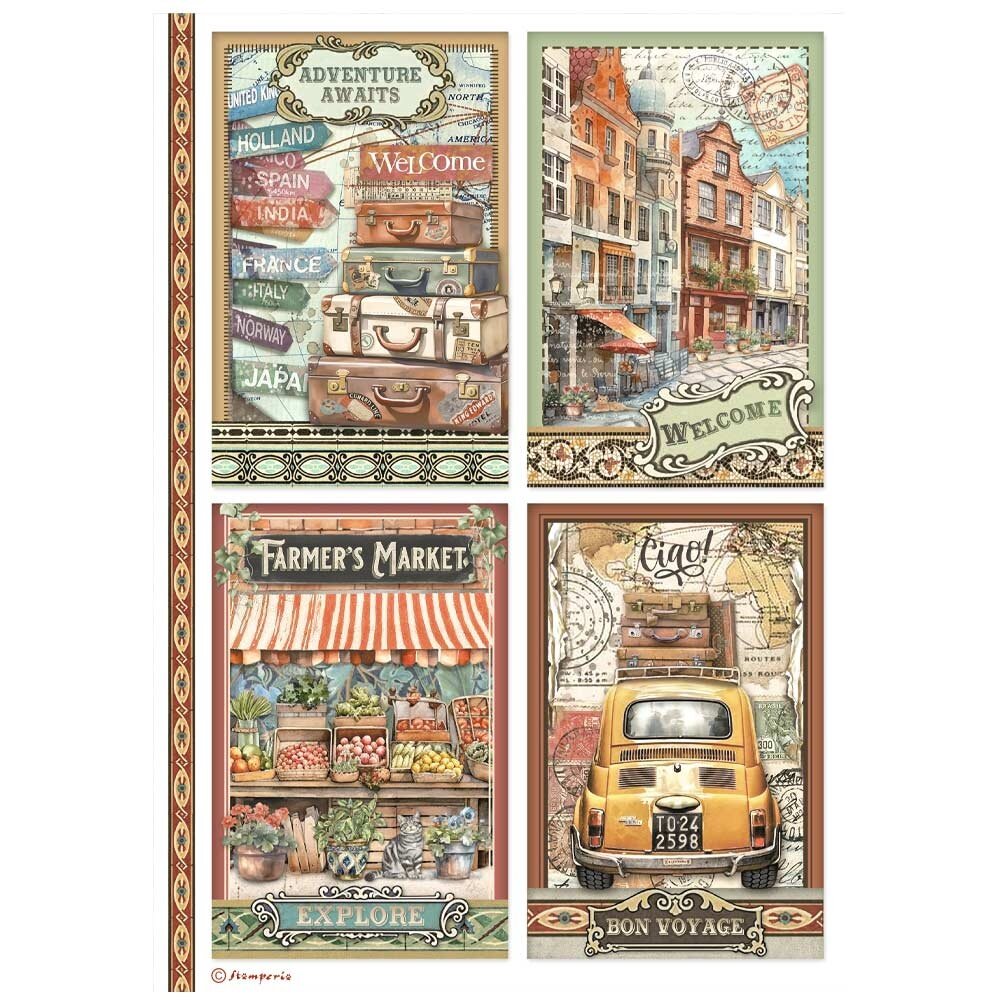 Stamperia Art of Travelling A4 Rice Paper 4 Cards (6pcs) (DFSA4979)