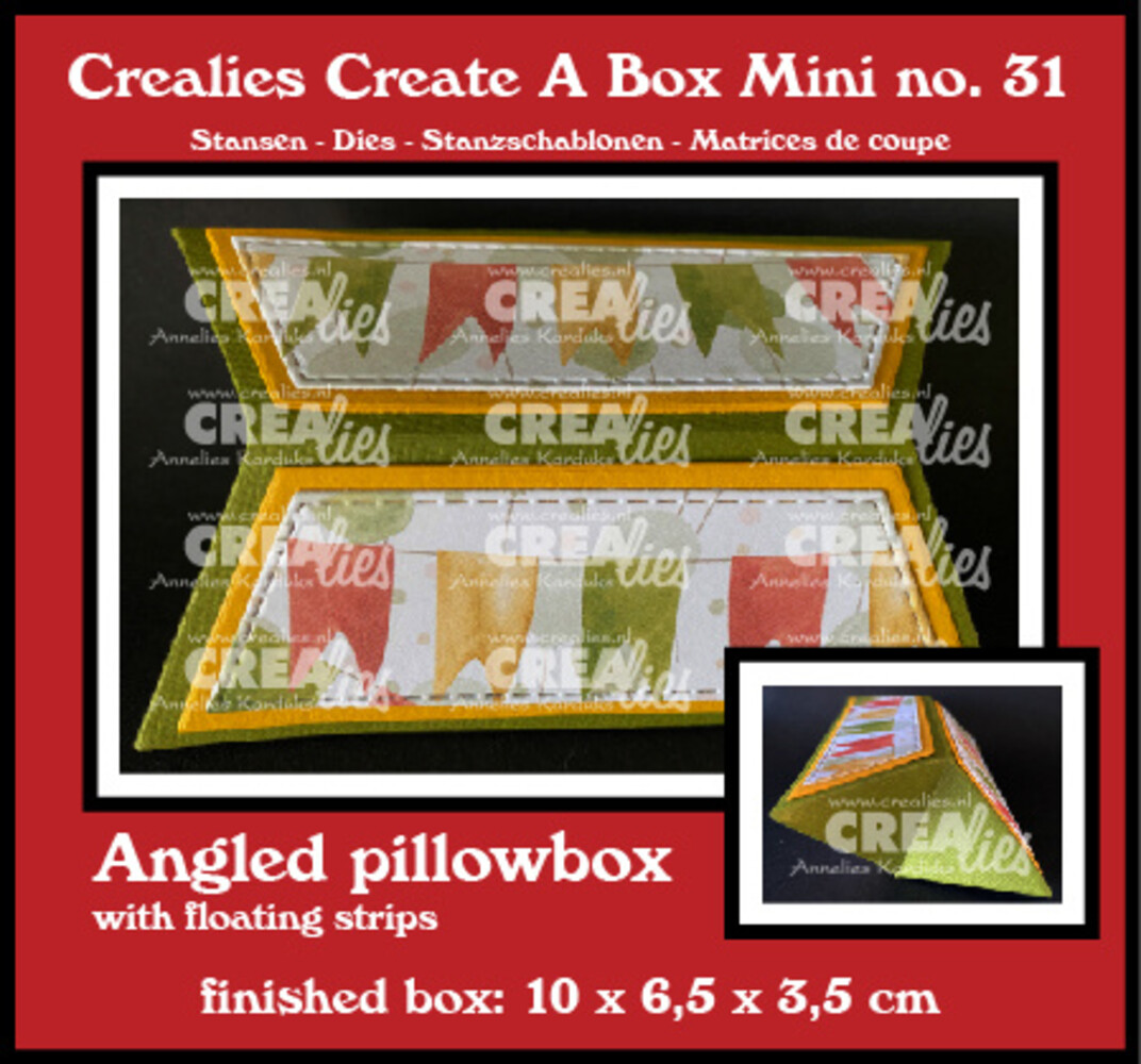 Crealies Create A Box Mini Dies No. 31 Angled Pillowbox Mini with Floating Strips (CCABM31) Crealies Create A Box Mini Dies No. 31 Angled Pillowbox Mini with Floating Strips (CCABM31)