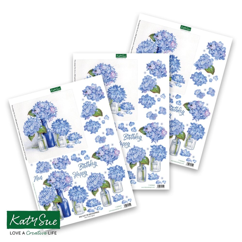 Katy Sue Designs Blue Hydrangeas 3D Die-Cut Decoupage (3pcs) (11-DCD665)