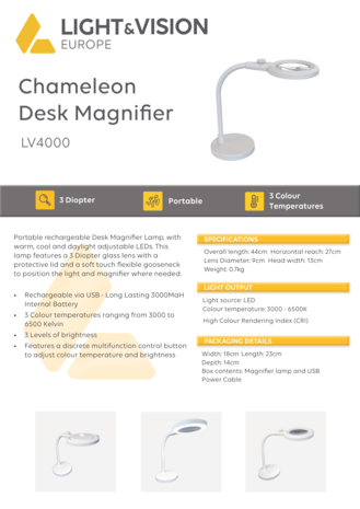 Light and Vision Chameleon Desk Magnifier Lamp Rechargeable 3D (LV4000)