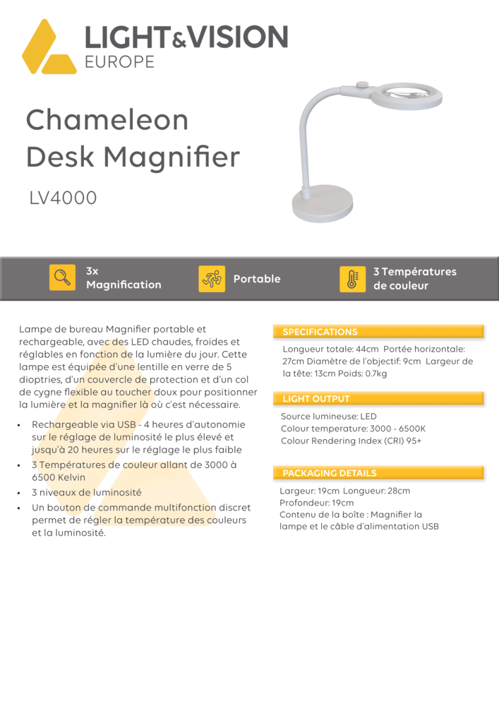Light and Vision Chameleon Desk Magnifier Lamp Rechargeable 3D (LV4000)