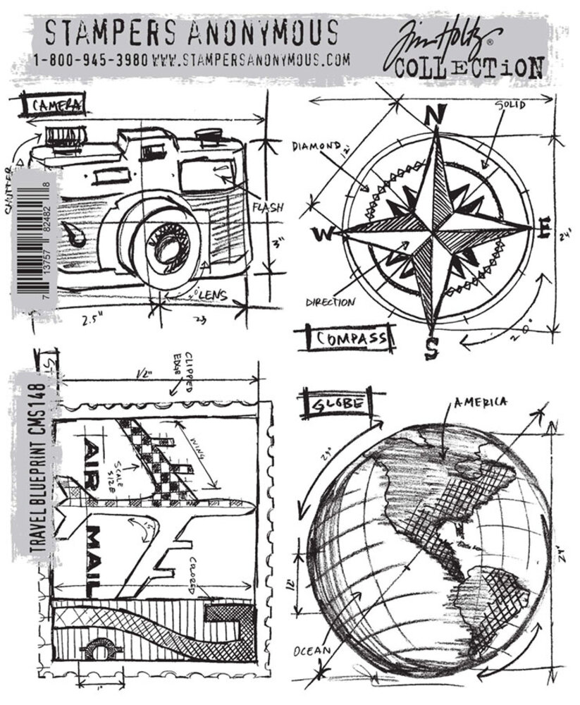 Stampers Anonymous Travel Blueprint Tim Holtz Cling Stamps (CMS148)