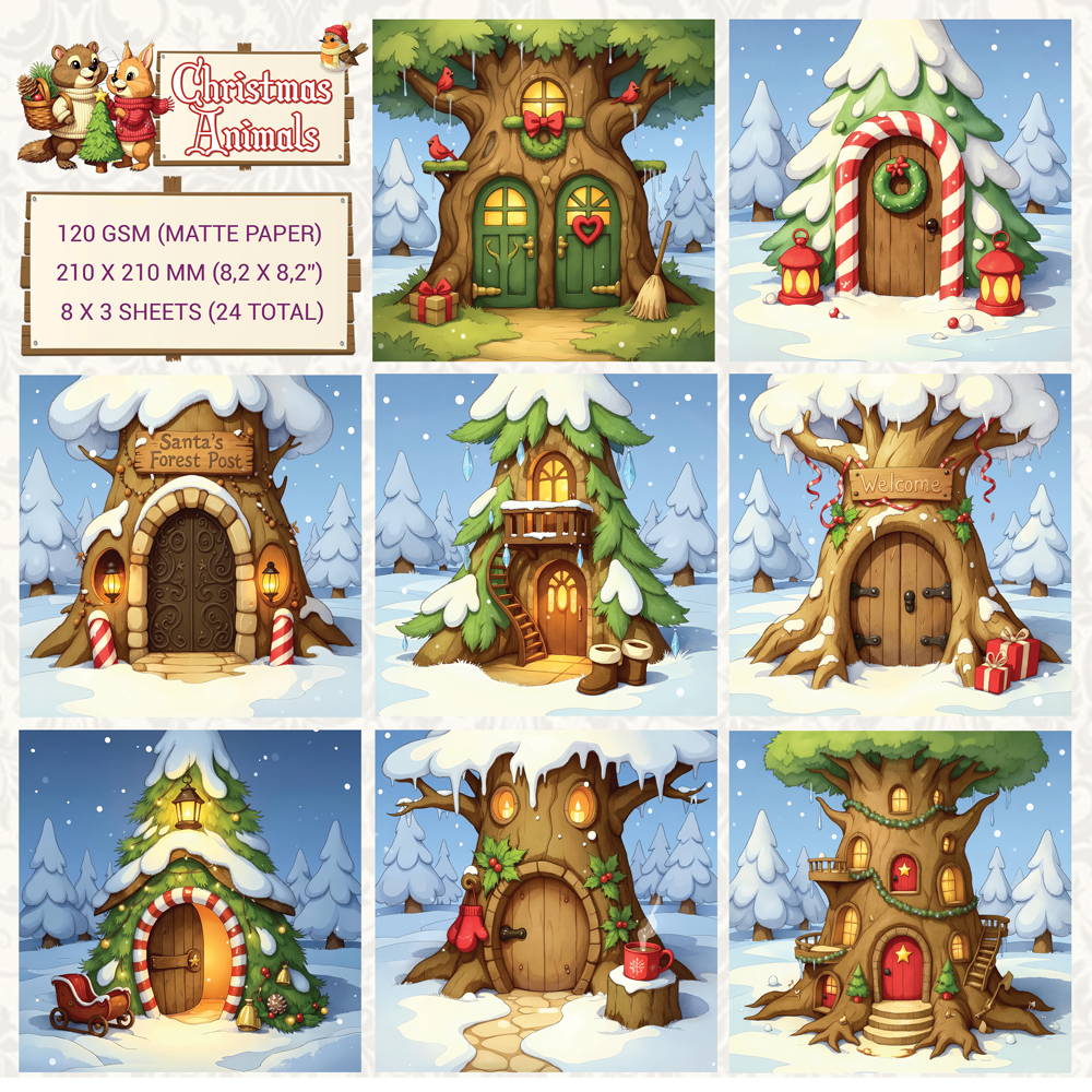 Creatief Art Christmas Animals 8x8 Inch Paper Pack 02 Boomhuisjes (CCOA-ANIMALS-02)