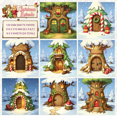 Creatief Art Christmas Animals 8x8 Inch Paper Pack 02 Boomhuisjes (CCOA-ANIMALS-02)
