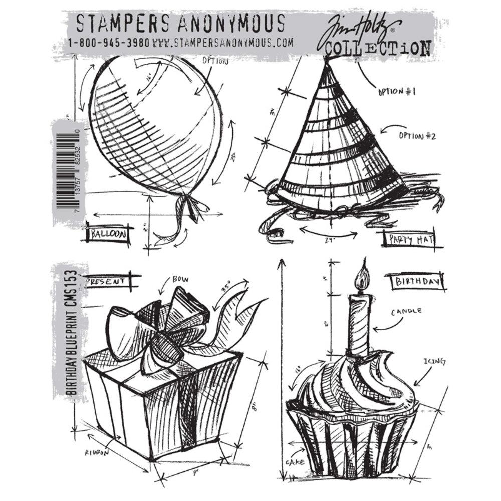 Stampers Anonymous Birthday Blueprint Tim Holtz Cling Stamps (CMS153) Stampers Anonymous Birthday Blueprint Tim Holtz Cling Stamps (CMS153)