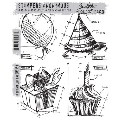 Stampers Anonymous Birthday Blueprint Tim Holtz Cling Stamps (CMS153) Stampers Anonymous Birthday Blueprint Tim Holtz Cling Stamps (CMS153)