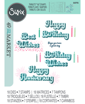 Sizzix Thinlits Die w/Stamps by 49 and Market Birthday Wishes (18+7pcs) (666946)