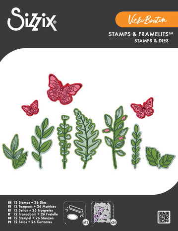 Sizzix Clear Stamps w/Framelits Die by Vicki Boutin Greenery Layers #1 (12+26pcs) (667075)