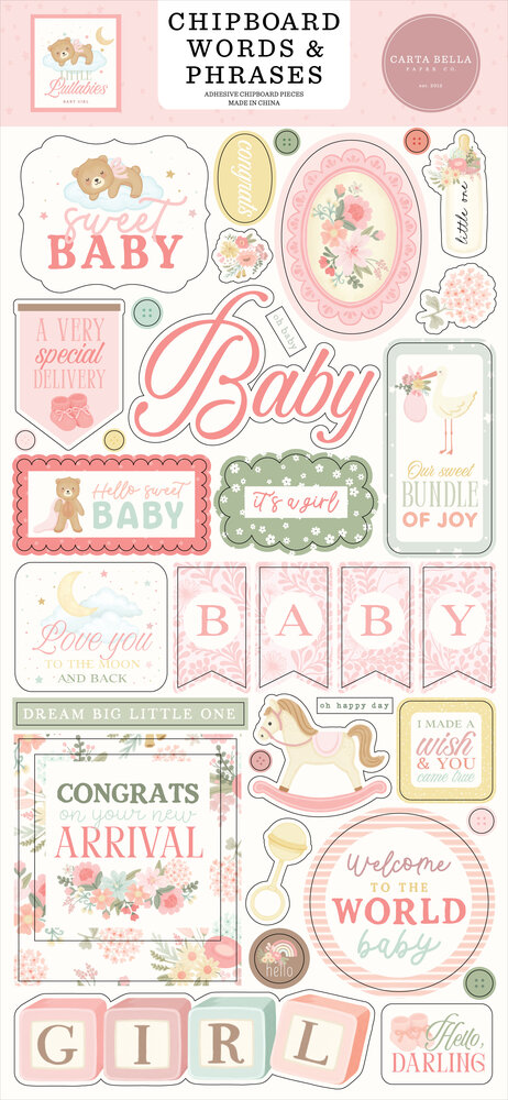 Carta Bella Little Lullabies Baby Girl Chipboard Words & Phrases (CBLUG486022)