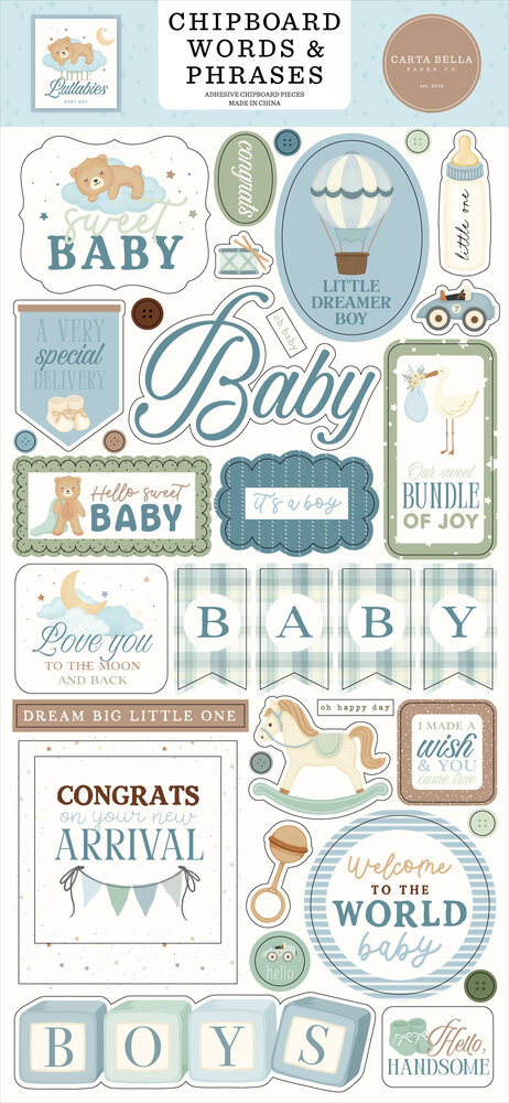 Carta Bella Little Lullabies Baby Boy Chipboard Words & Phrases (CBLUB485022)