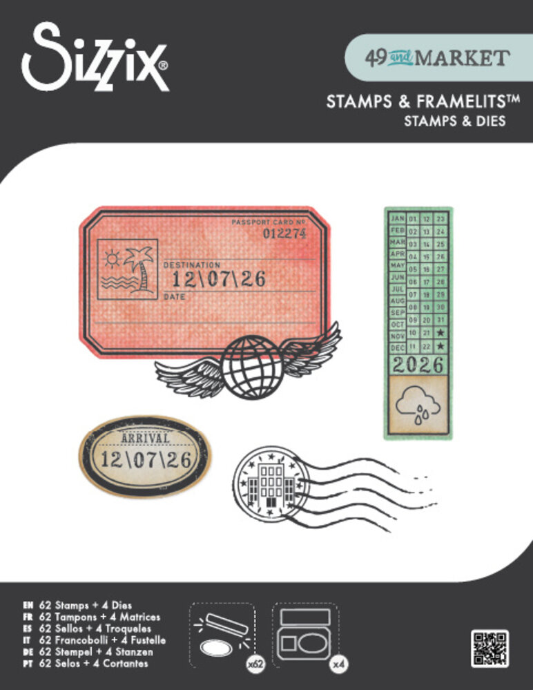Sizzix Clear Stamps w/Framelits Die by 49 & Market Globetrotter's Mark (62+4pcs) (667060)