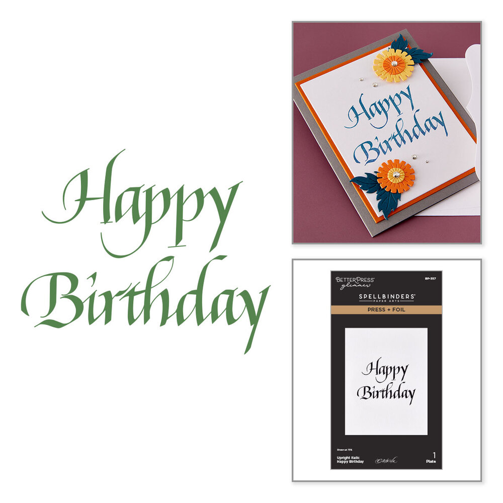 Spellbinders Upright Italic Everyday Sentiments Press + Foil Plate Happy Birthday (BP-357)