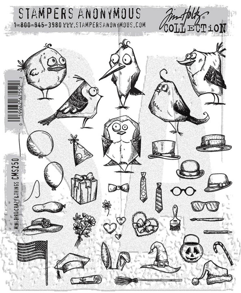 Stampers Anonymous Mini Bird Crazy & Things Tim Holtz Cling Stamps (CMS250)