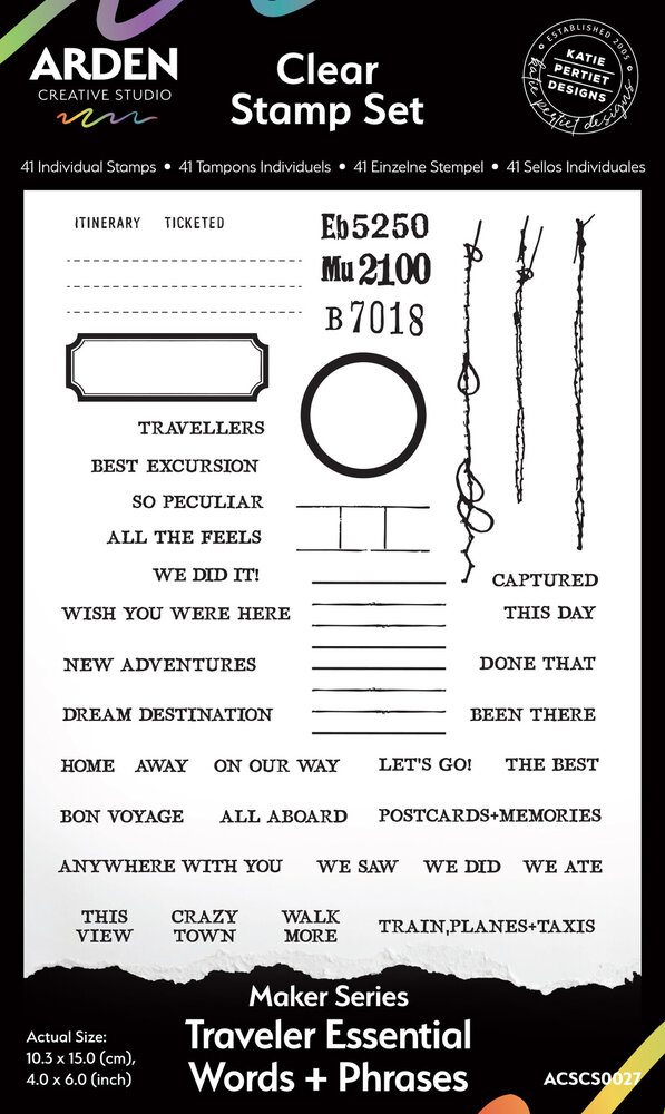 Arden Creative Studio Maker Series 4x6 Inch Clear Stamp Set Traveler Essential Words+Phrases by Katie Pertiet (ACSCS0027) Arden Creative Studio Maker Series 4x6 Inch Clear Stamp Set Traveler Essential Words+Phrases by Katie Pertiet (ACSCS0027)