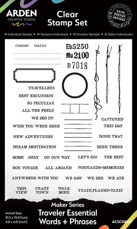 Arden Creative Studio Maker Series 4x6 Inch Clear Stamp Set Traveler Essential Words+Phrases by Katie Pertiet (ACSCS0027) Arden Creative Studio Maker Series 4x6 Inch Clear Stamp Set Traveler Essential Words+Phrases by Katie Pertiet (ACSCS0027)