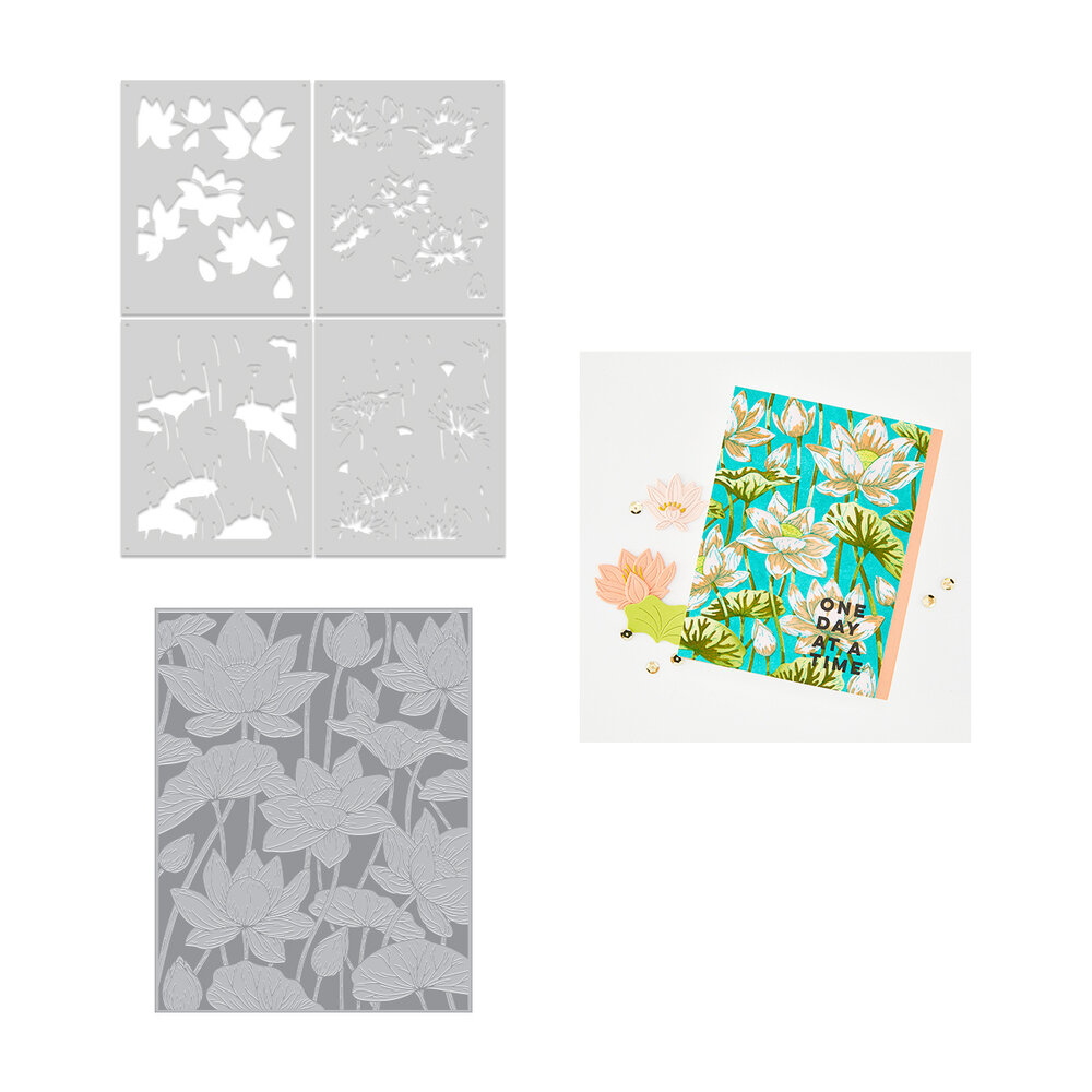 Hero Arts Tranquil Garden LetterPress + Foil Plate & Stencil Bundle Lotus Field (WB1196)