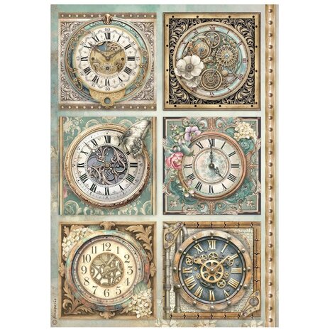 Stamperia Gardens of Time A4 Rice Paper 6 Clocks (6pcs) by Antonis Tzanidakis (DFSA41111)
