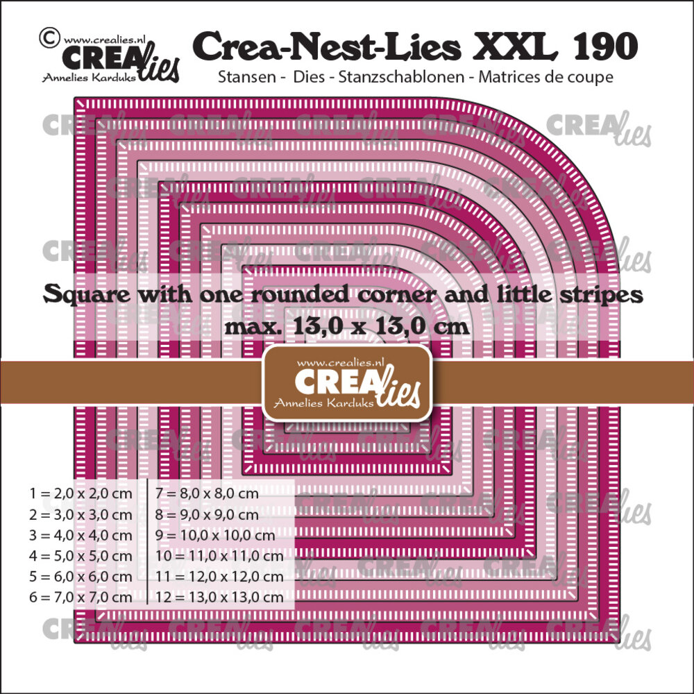 Crealies Crea-Nest-Lies XXL Stansen Vierkanten met 1 Afgeronde Hoek met Kleine Streepjes (CLNestXXL190)