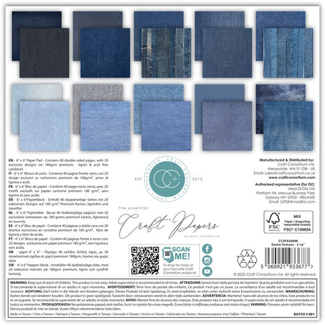 Craft Consortium Essential Craft Papers 6x6 Inch Paper Pad Denim Textures (CCEPAD044B)