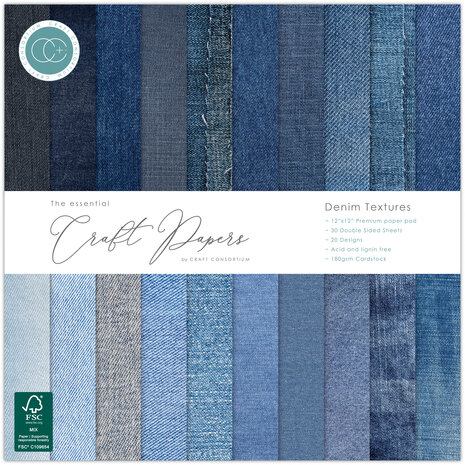 Craft Consortium Essential Craft Papers 12x12 Inch Paper Pad Denim Textures (CCEPAD044)