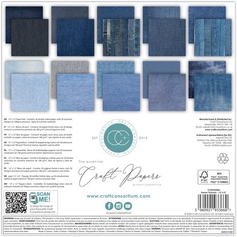 Craft Consortium Essential Craft Papers 12x12 Inch Paper Pad Denim Textures (CCEPAD044)