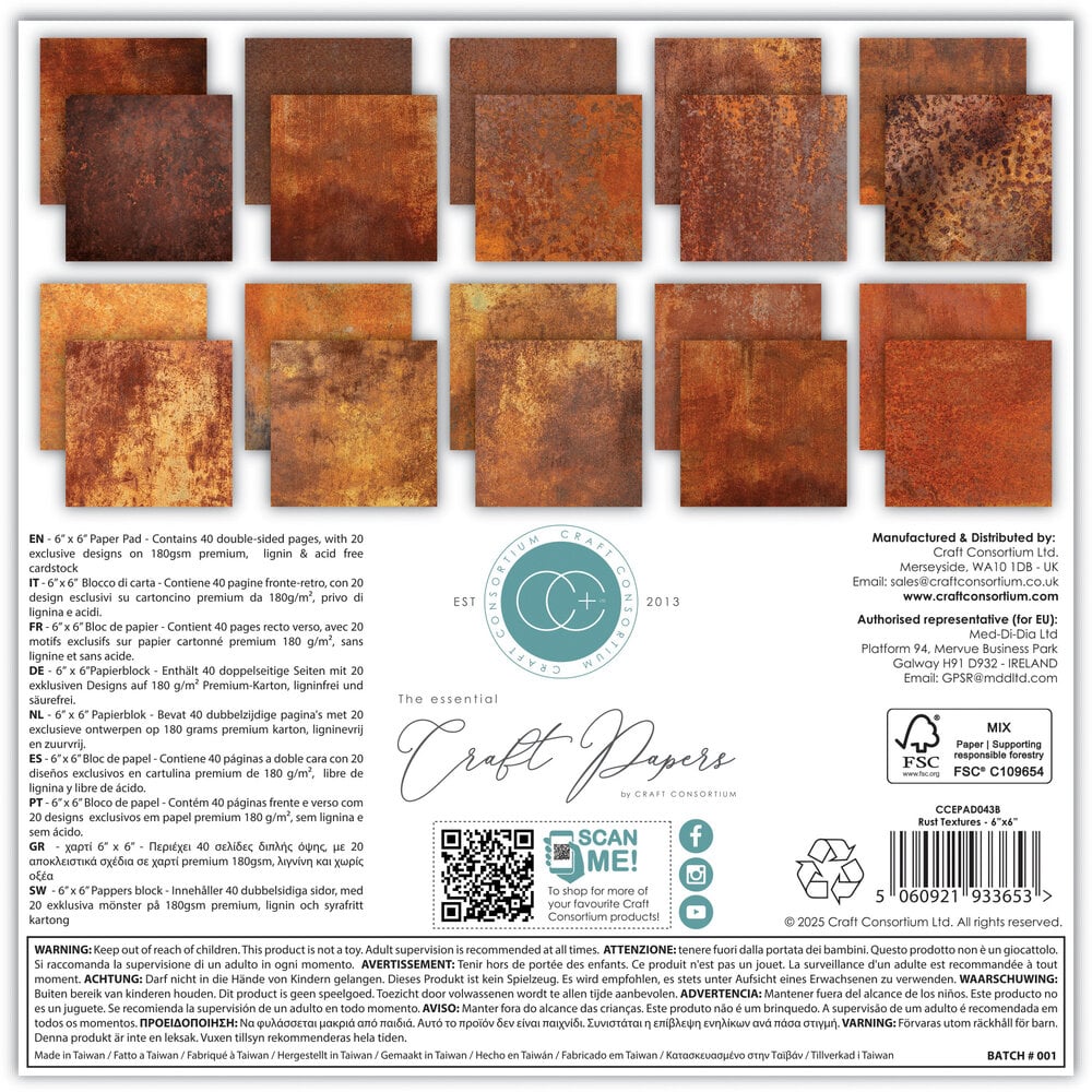 Craft Consortium Essential Craft Papers 6x6 Inch Paper Pad Rust Textures (CCEPAD043B)