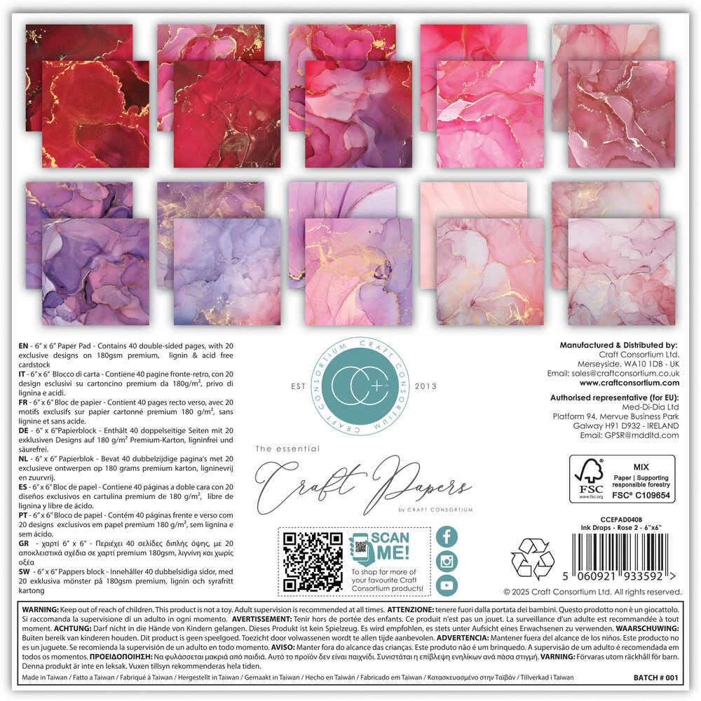 Craft Consortium Essential Craft Papers 6x6 Inch Paper Pad Ink Drops Rose 2 (CCEPAD040B)